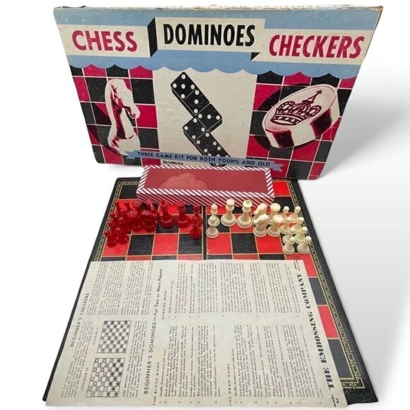Vintage Chess Dominoes Checkers Three Game Kit by The Embossing Company Albany - Picture 1 of 16